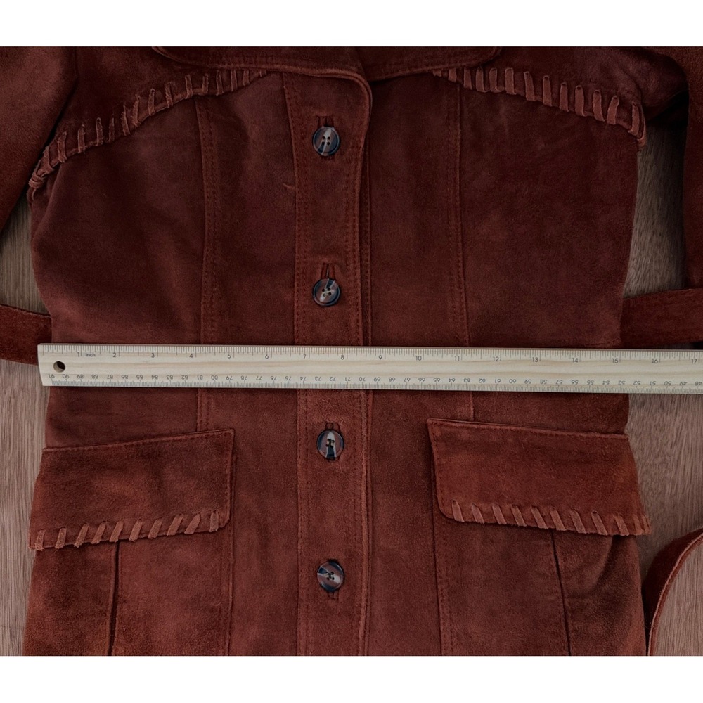 Vintage Suede Jacket 70s 80's Small Boho Western Whipstitch Cognac Leather Coat - Picture 13 of 16